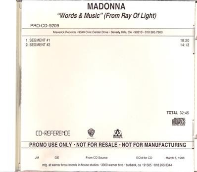 RAY OF LIGHT - WORDS & MUSIC / CDR PROMO USA