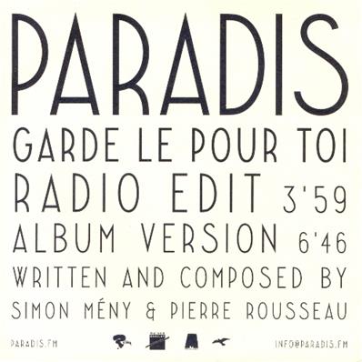 PARADIS / GARDE LE POUR TOI / CD SINGLE PROMO 2014