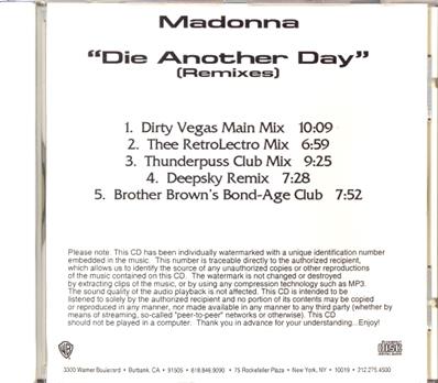 DIE ANOTHER DAY (REMIXES) / CDR PROMO USA